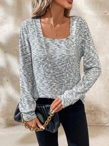 SHEIN Clasi 段染方领 返校秋季老款风格教师服装 法式万圣节秋季运动衫 - 灰色 - 查看 4