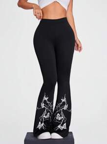 SHEIN EZwear CURVE Quần ống loe nữ cỡ lớn họa tiết bướm đơn giản & giản dị, thích hợp cho mùa hè - trắng - Xem 1