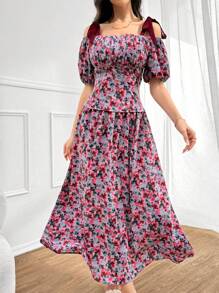 Seusyu Ensemble haut et jupe pour femmes à lien d'épaule imprimé de fleurs et noué, à plis