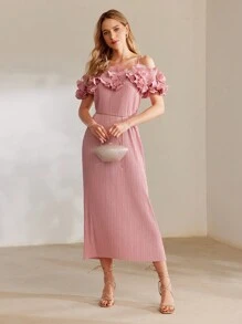 MOTF PREMIUM 褶邊紋理露肩洋裝 - 粉色 - 查看 4