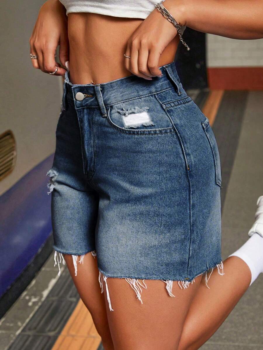 SHEIN PETITE 女款帶紐口袋破洞牛仔短褲，具街頭風格設計，附腰帶環 - 霧霾藍 - 查看 1