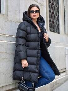 RueChic Plus Solid Button Up Hooded Puffer Coat