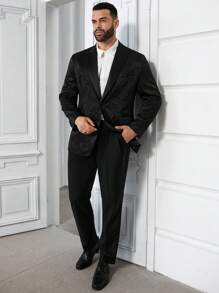 Manfinity Mode Men Plus Floral Jacquard Single Button Blazer & Pants - Black - View 3