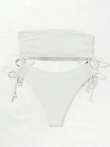 SHEIN Swim 女士純色無肩帶比基尼套裝，夏季海灘泳裝 - 白色 - 查看 2