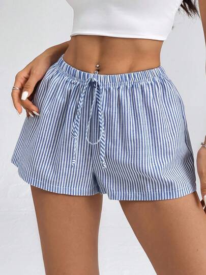 SHEIN PETITE Women's Striped Low-Rise Shorts For Summer Vacation Beach