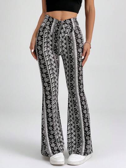 SHEIN PETITE Allover Print Slim Fit Knitted Flared Summer Beach Women Hippie Pants