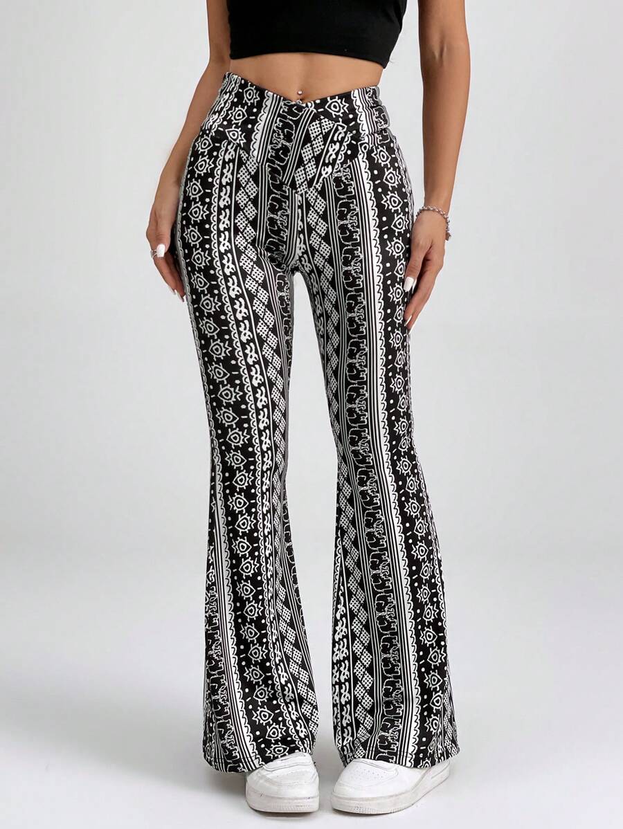 SHEIN PETITE Allover Print Slim Fit Knitted Flared Summer Beach Women Hippie Pants - Black - View 1