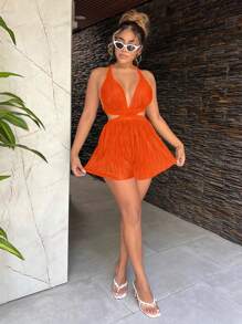 SHEIN SXY Women's Solid Color Halter Back Strap Jumpsuit For Holiday And Casual Wear Holiday Sexy Summer Beach Vacation Boho Women Outfit Pride Clothes Western Wear Birthday Outfit Bachelorette Party Concert Club