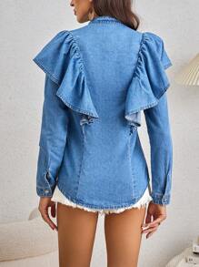 SHEIN LUNE Denim Ruffle Hem Shirt Top - Medium Wash - View 2