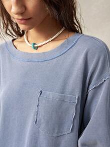 Bohemela Women's Solid Color Round Neck Drop Shoulder Short Sleeve Loose Casual T-Shirt For Vacation - Blue - View 7