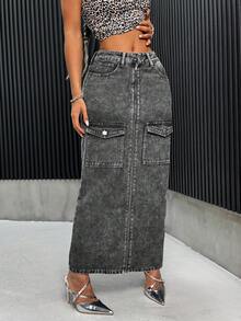 SHEIN ICON Women's Denim A-Line Skirt, Street Style Sexy Workwear Combination, Dark Grey - Dark Grey - View 4