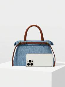 MOTF PREMIUM CONTRAST BUCKLE DETAIL DENIM-EFFECT PRINT TOP HANDLE BAG - Blue - View 3