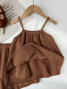 SHEIN LMoss Kids Áo hai dây đơn giản, rộng rãi, thoải mái cho bé gái mùa hè LMoss, quần short gấu xếp, 2 chiếc/bộ - màu nâu - Xem 7