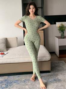 DAZY Lace Patchwork Ditsy Floral Ruffle Trim Short Sleeve Long Pants Pajama Set - Green - View 1
