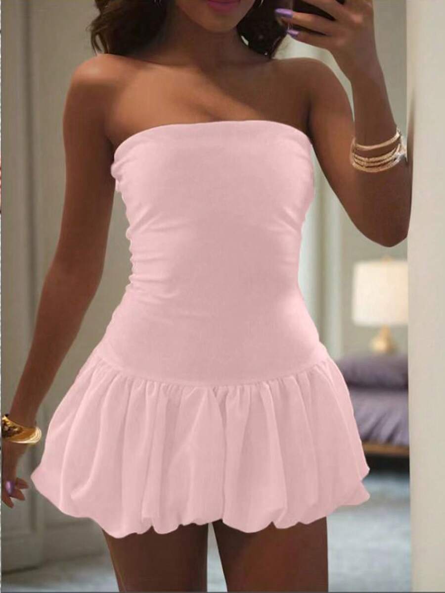 INAWLY 假日款實心打摺褶邊無肩帶連身裙 - 淺粉色 - 查看 1