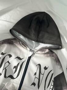 SHEIN Modischer Batikdruck im Streetstyle für Kleine Jungen kombiniert mit Buchstabenmuster, Set aus Kapuzensweatshirt, Jacke und Shorts, sowohl sportlich als auch modisch bequem, kann auch mit anderen Artikeln für einen coolen und vielseitigen Look kombiniert werden. Perfekt für Ausflüge und Shopping im Frühling und Herbst. - Schwarz und Weiss - Übersicht 3