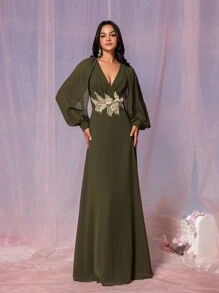SHEIN Belle Women's Elegant And Dignified Green Chiffon Fabric, Deep V Neck, Gathered Chest, Slit Long Sleeves, Gold Applique Decoration, A-Line Hem Suitable For Wedding Events Formal Bridesmaid Dresses - Army Green - View 7