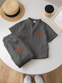 2入組男孩休閒大學拼接V領短袖套頭T恤和直筒針織長褲套裝 - 灰色 - 查看 7