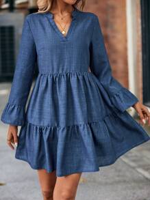 SHEIN LUNE 凹口領口荷葉袖荷葉邊鬆緊裙連身裙