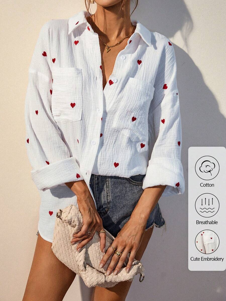 Cottnline Heart Embroidery Drop Shoulder Shirt