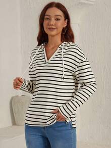 DEARCASE Striped Hooded Drawstring Sweatshirt - Multicolor - View 1