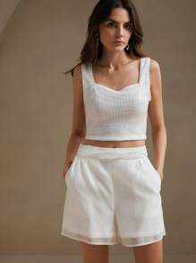 Anewsta 女士夏季網眼圓領短泡袖上衣和閃閃發光的馬甲優雅套裝 - 白色 - 查看 5