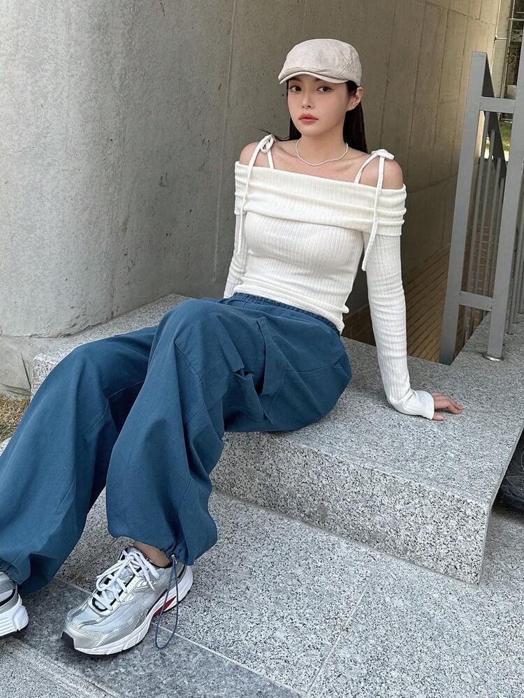 Women's Solid Color Drawstring Waist Wide Leg Loose Casual Pants With Pockets Low Rise