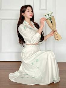 DAZY 花卉印花翻领长袖衬衫和裙子，适合日常穿着，女士两件套，秋季女装 - 綠色 - 查看 2