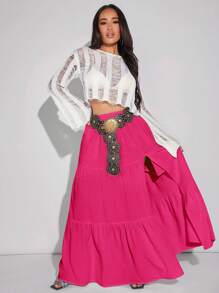 SHEIN SXY Solid Color High Side Slit Hem Skirt Spring Summer Birthday Beach Vacation Boho Western Wear - Hot Pink - View 1