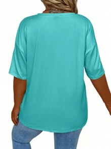 EMERY ROSE Plus Size Women's Solid Color V-Neck Drop Shoulder Short Sleeve Casual T-Shirt For Summer - Cadet Blue - View 2