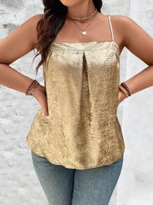 SHEIN Unity Plus Size Women Woven Elegant Shiny Loose Metallic Spaghetti Strap Pleated Camisole For New Year Holiday Party Clothes - Gold - View 5