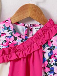 Baby Girls' Loose Cute Color Block Asymmetrical Pleated A-Line Dress - Hot Pink - View 3