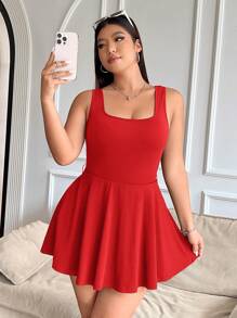 SHEIN EZwear 大码女式无袖连体衣，纯色口袋，连体衣 - 紅色 - 查看 5