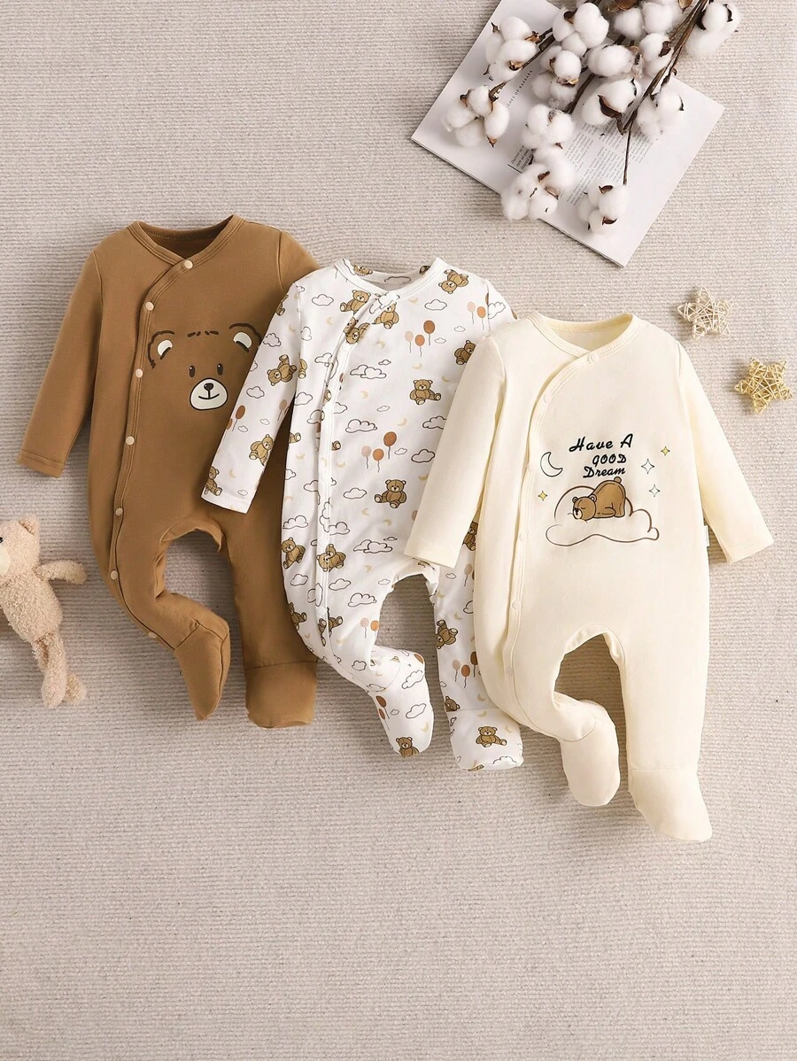 SHEIN 3pcs Baby Boy Cute Bear Pattern Long Sleeve Button-Up Footie Pajama, Knitted, Comfortable And Soft Skin Graphic - Khaki - View 1