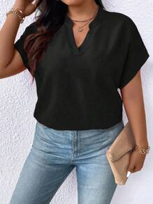 大尺碼女士純色簡約日常短袖襯衫 - 黑色 - 查看 3