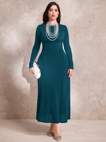 Modelyn Solid Mock Neck Long Sleeve Dress - Teal Blue - View 3