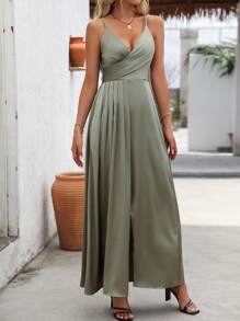 SHEIN Clasi 纯色休闲裹身下摆吊带连衣裙，适合夏季长款缎面女装 - 綠色 - 查看 3