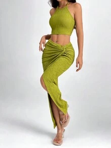 SHEIN PETITE Solid Crop Halter Top & Twist Front Split Thigh Skirt Two Pieces - Green - View 3
