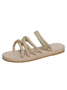 Nowe sandały damskie liny płaskie kapcie Khaki buty plażowe codzienne buty damskie - Kolor khaki - Zobacz 3