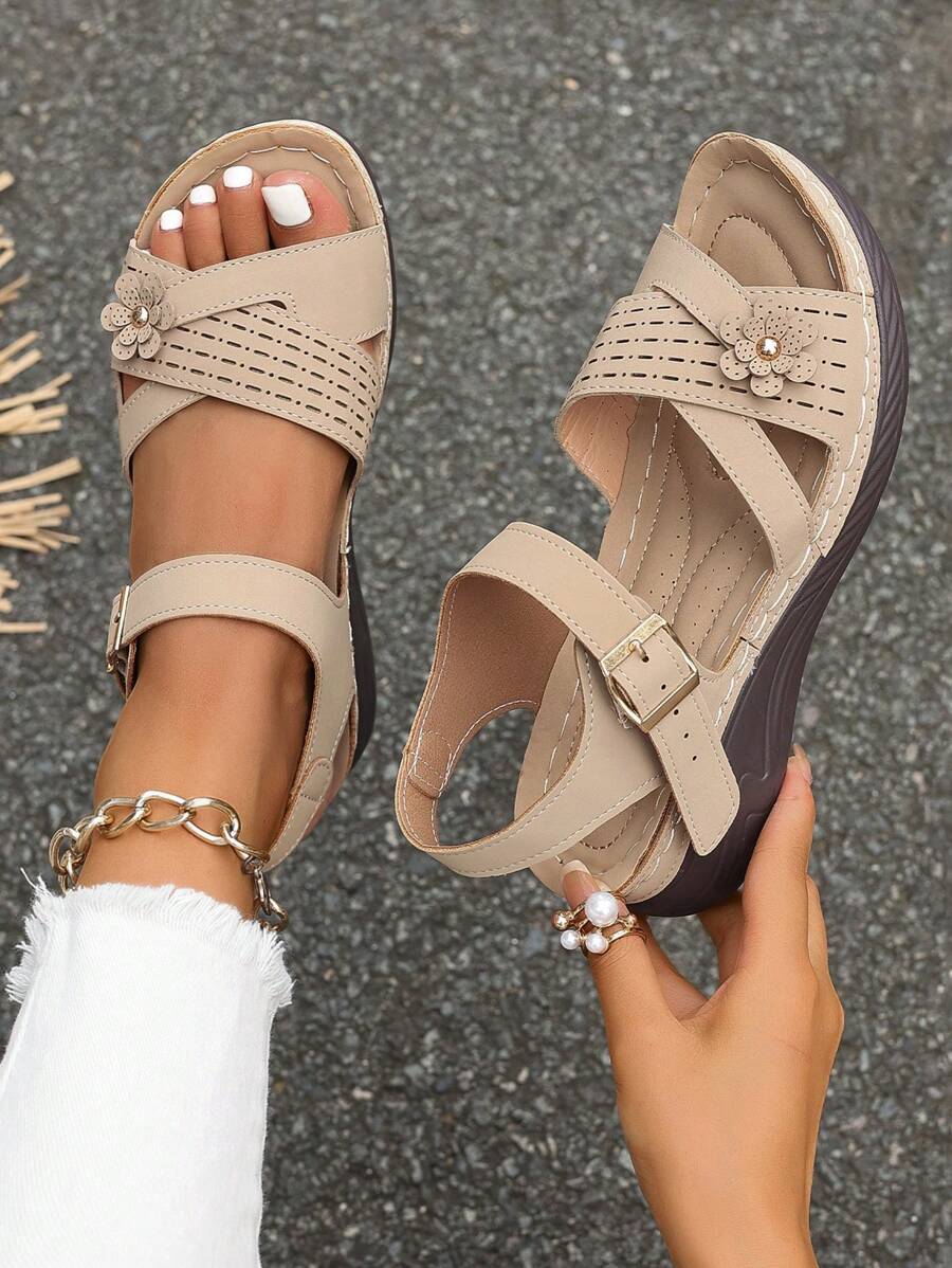 Women's Hollow Cross Strappy Comfortable Lightweight Wedge Sandals With Metal Buckle And Stylish Chunky Heel Soles