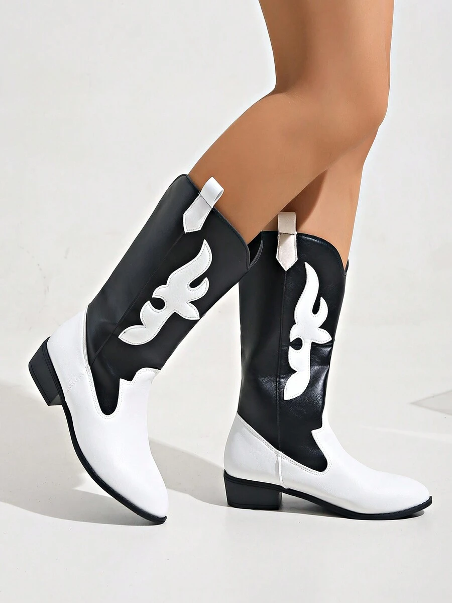 Vintage Pointed Toe High-Cut Western Boots For Women In Cow Print - White - View 1