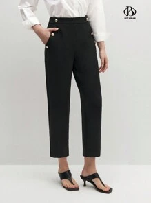 BizChic 女款純色修身乾淨優雅長褲，配有鈕扣裝飾 - 黑色 - 查看 4