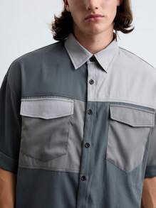 Manfinity VCAY Chemise tissée à patchwork à manches courtes, à la mode, décontractée et quotidienne pour jeunes hommes - Gris - Voir 4