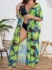 SHEIN Swim Curve Plus Size Tropical Printed Beach Cover-Up Kimono, Summer - Green - View 4