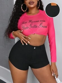 SHEIN Shorts unicolor de talla grande con botones y bolsillos, Verano, Elástico - Negro - Ver 4