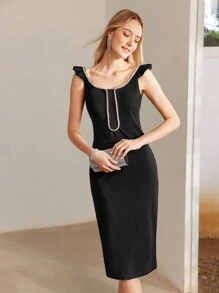 MOTF PREMIUM RHINESTONE DETAIL SPLIT HEM FITTED DRESS - Black - View 4