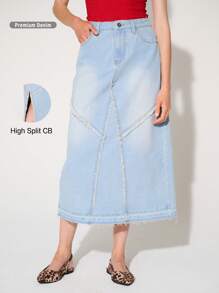 WESTFADE Premium Fray Seam Non-Stretch Cotton Denim Midi Skirt - Blue - View 1