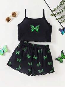 SHEIN Conjunto de pijama de verano fluorescente con patrón de mariposa para niñas jóvenes que incluye top de tanque y pantalón corto. Este juego casual de dos piezas es retardante de llama y perfecto para estar cómoda en casa.