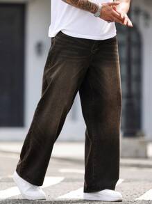 Manfinity Homme Pantaloni de denim cu picior largi pentru bărbați, retro, vintage, mărimi mari, blugi cargo largi, lungi, învechiți, gri închis, pentru soț, cadouri pentru iubit - Spălare întunecată - Vizualizare 4