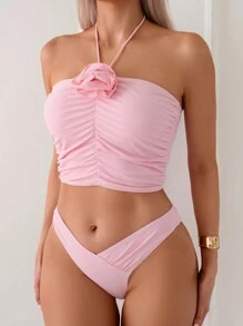 SHEIN Swim Women's Summer Beach Pink Solid Color Sleeveless Tankini With 3D Flower Decorated Ruffles And Halter Neck Design - Yellow - View 4